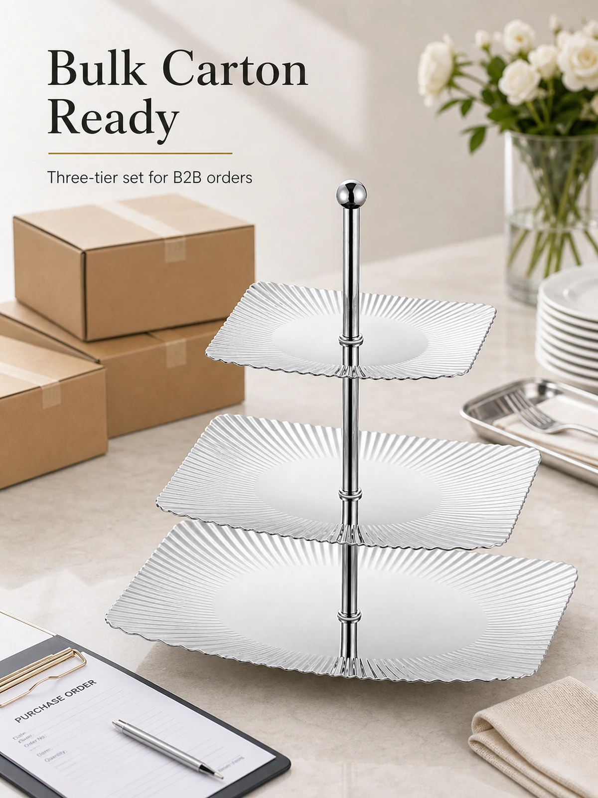 Bulk carton ready procurement visual for three-tier dessert stand